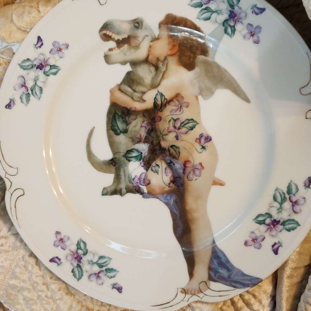 Floral Angel and Dinosaur Decorative Plate